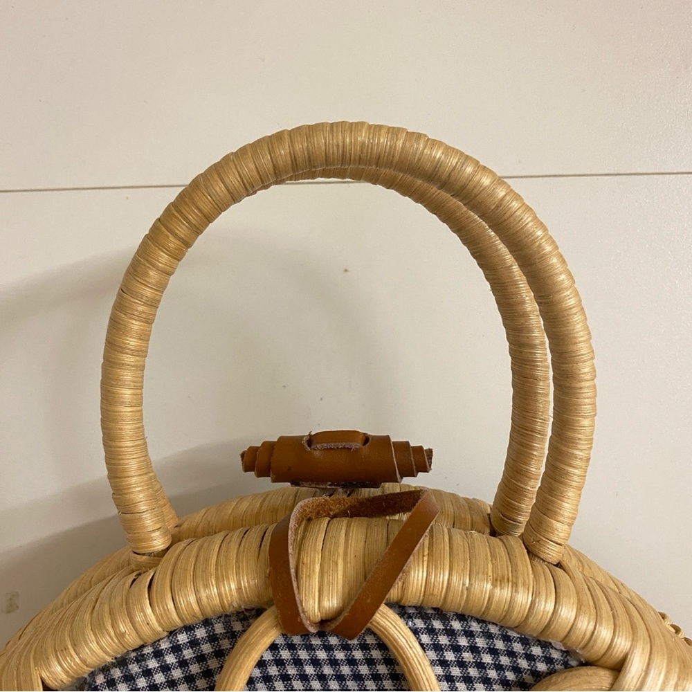 Anthropologie | NWOT Mini Rattan Suitcase Satchel Purse Basket Bag Blue Gingham - Picture 9 of 10